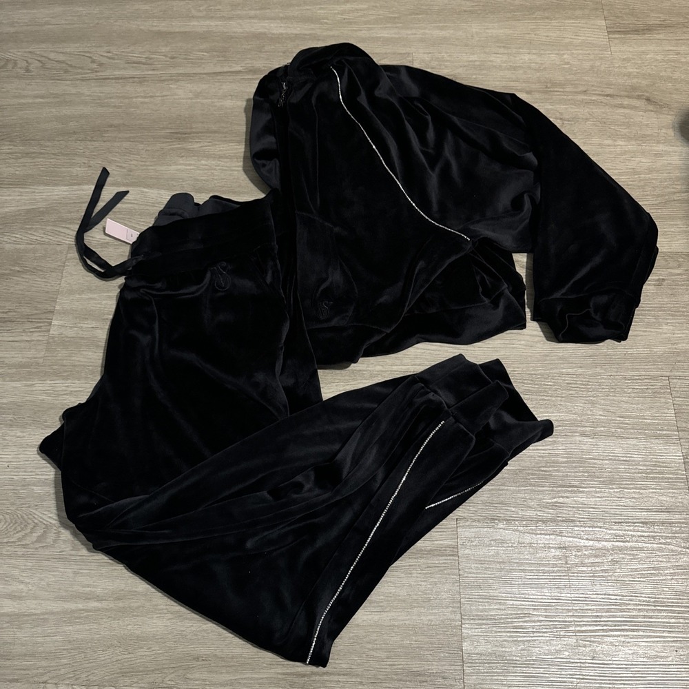 NWT VICTORIA'S SECRET ON POINT VELOUR TRACKSUIT L/XL BLACK RHINESTONE PANT HOODY